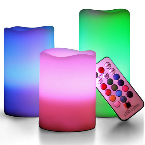 Multi Color Flameless Wax Candles Set of 3 with Remote and Timer