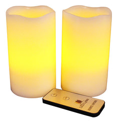Pillar Candles with Amber Yellow Flame, Set of 2 Flameless Wax and Remote