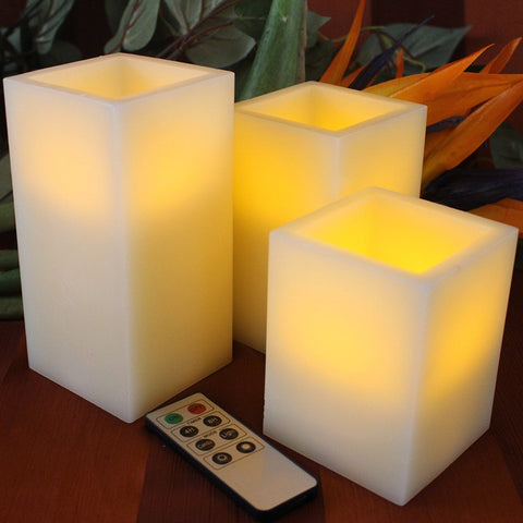 Flameless Square Wax Candles with Remote and Timer Set of 3