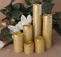 Narrow Set of 6 Slim Textured Gold With Amber Yellow Flame Flameless Candles with Timer