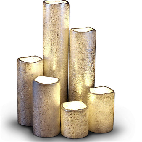 Narrow Set of 6 Textured Silver With Warm White Flame LED Candles with Timer
