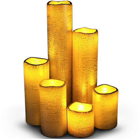 Narrow Set of 6 Slim Textured Gold With Amber Yellow Flame Flameless Candles with Timer